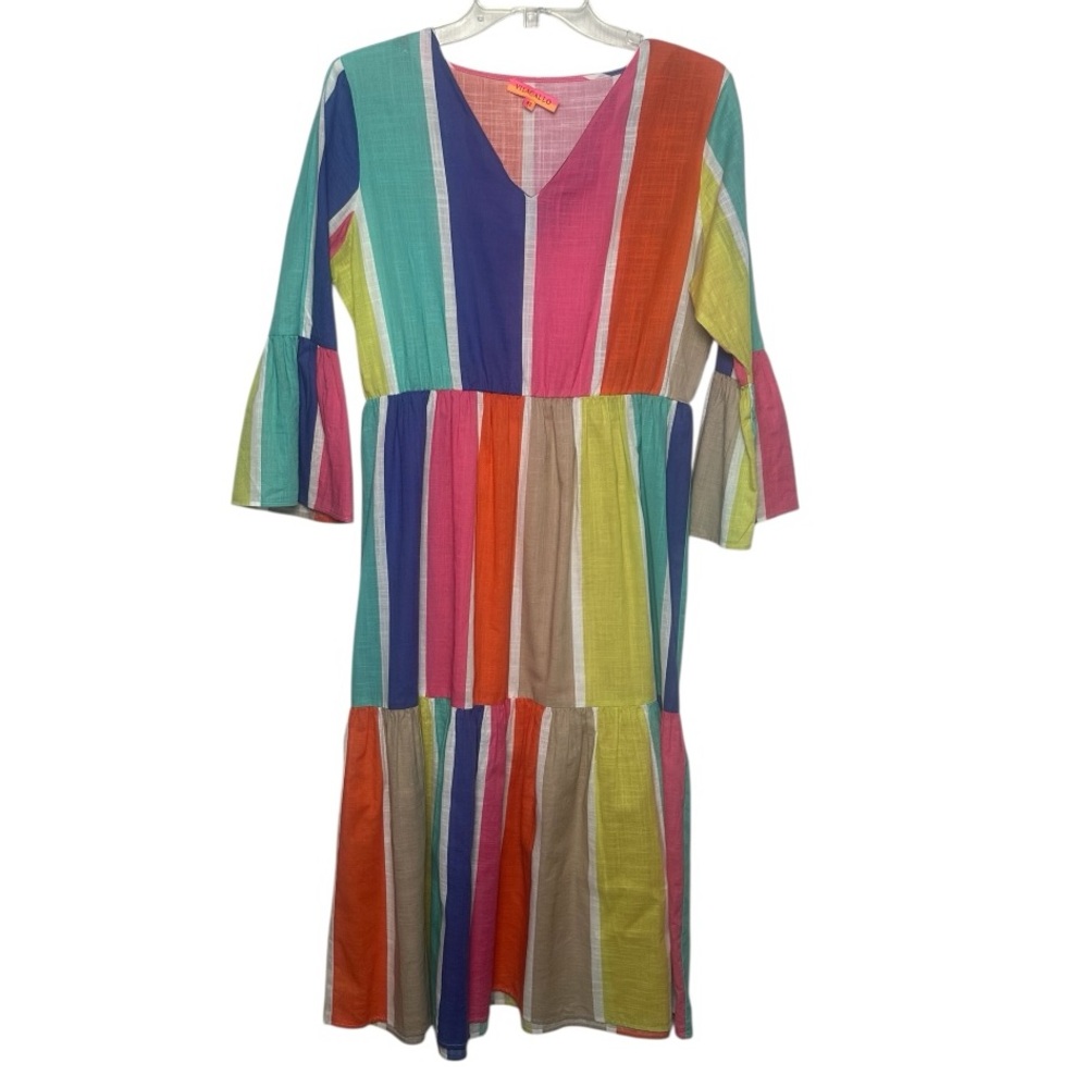 Vilagallo Women's 100% Cotton 3/4 Sleeve Multicolored Striped Midi Dress Size 10